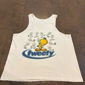 Vintage 90s Tweety Bird Looney Tunes Tank Top Women XL White Graphic Print Shirt